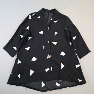 Fridaze 100% Linen Black White Geometric Tunic Shirt Dress Pockets Womens Small